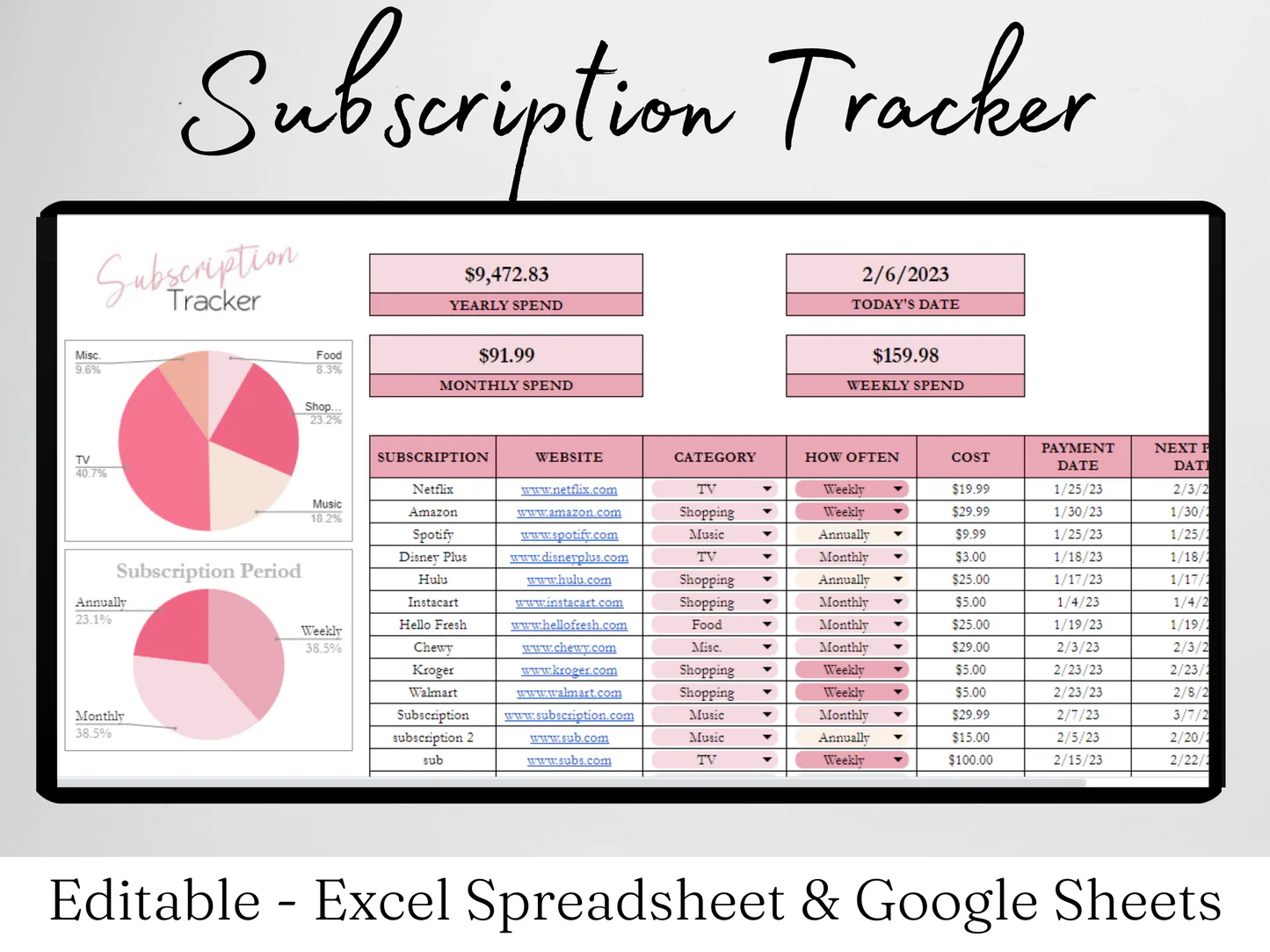 Subscription Tracker Sheets